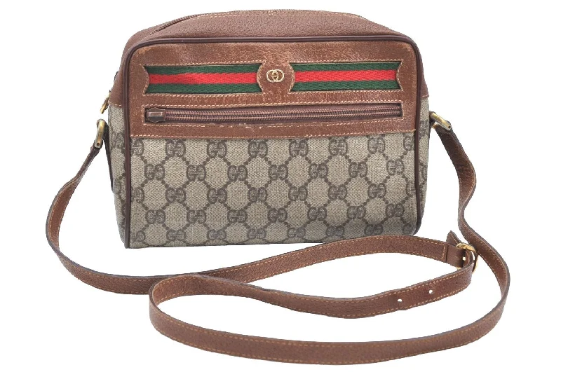 Women Gucci bags with a detachable mobile phone holderAuthentic GUCCI Web Sherry Line Shoulder Cross Bag GG PVC Leather Brown K4241