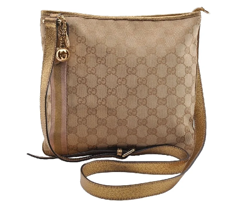 Women Gucci Sylvie bags with a leather - wrapped handleAuthentic GUCCI Sherry Line Shoulder Crossbody Bag GG Canvas Leather Beige 1411I