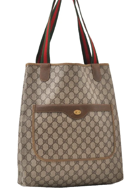 Ladies Gucci Dionysus bags with a chain - link shoulder strapAuthentic GUCCI Web Sherry Line Shoulder Tote Bag GG PVC Leather Brown K4971