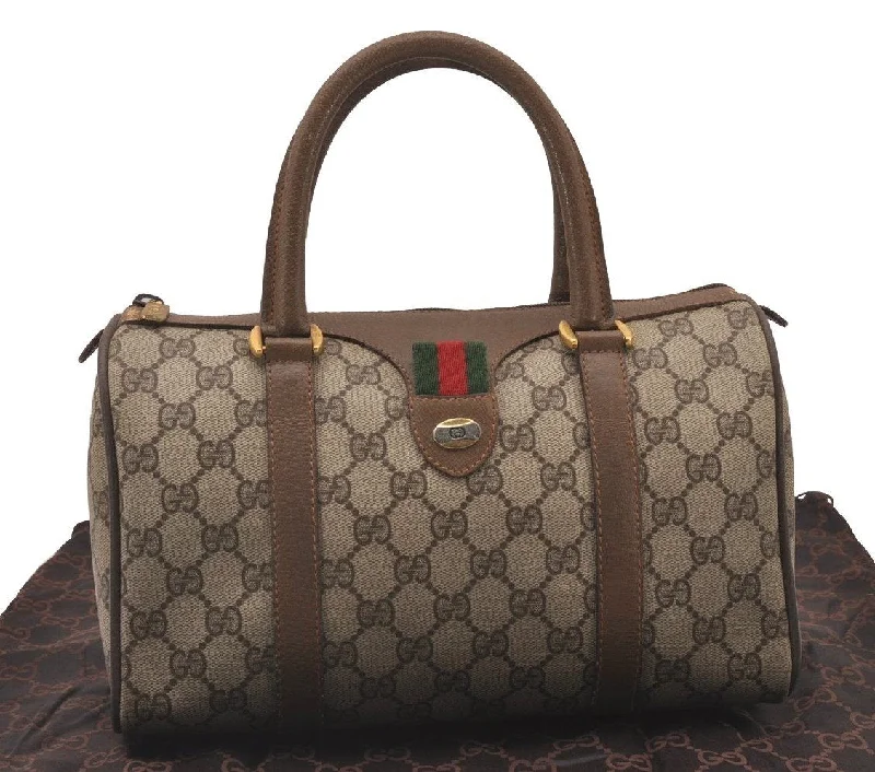 Gucci backpacks for women with a padded laptop compartmentAuthentic GUCCI Web Sherry Line Hand Boston Bag GG PVC Leather Brown 1109I