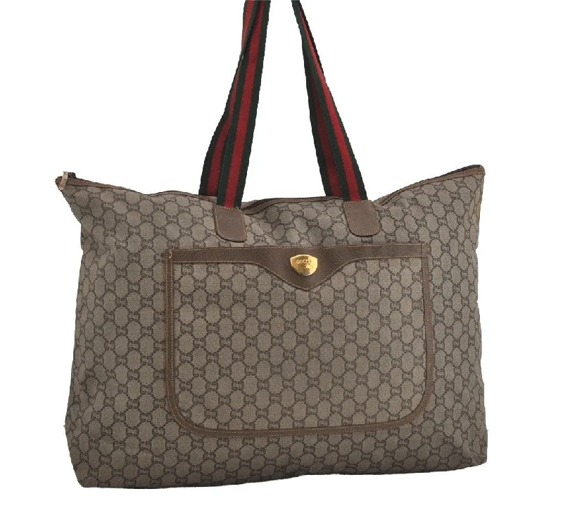 Gucci handbags for women with a back - zip pocketAuthentic GUCCI Web Sherry Line GG Plus Travel Bag PVC Leather Brown 2110I