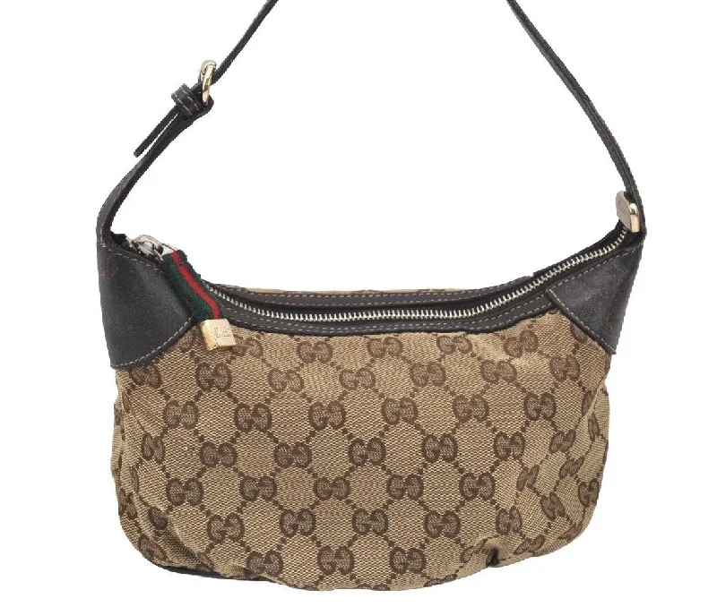 Women Gucci bags with a zippered interior pocketAuth GUCCI Web Sherry Line Hand Bag Pouch GG Canvas Leather 224093 Brown 0949H