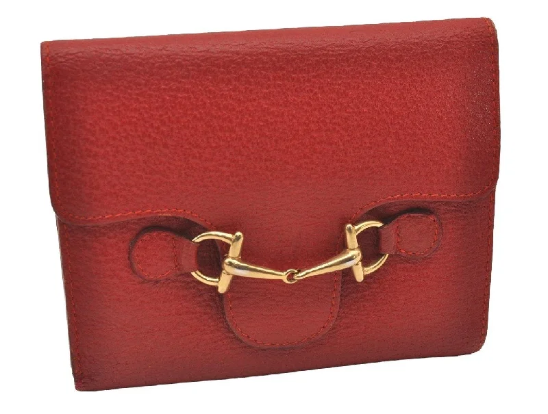 Women Gucci bags with a front - flap pocket for quick - access itemsAuthentic GUCCI Horsebit Vintage Trifold Wallet Purse Leather Red 1095I