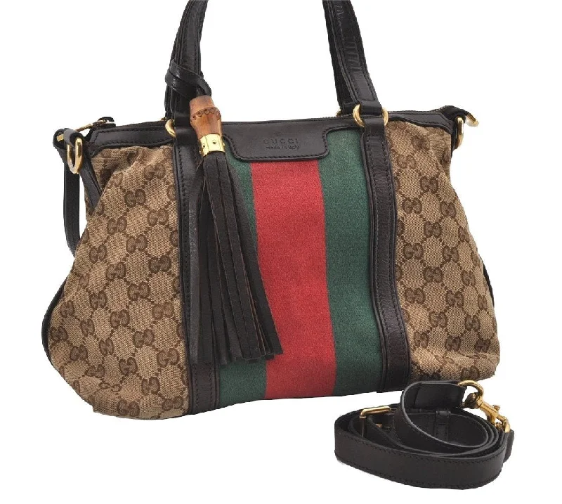 Women Gucci Sylvie bags featuring the signature web stripeAuth GUCCI Web Sherry Line Bamboo 2Way Hand Bag GG Canvas Leather Brown 1898I