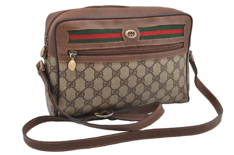 Women Gucci bags with a front - zip pocket for small itemsAuthentic GUCCI Web Sherry Line Shoulder Cross Bag GG PVC Leather Brown K4692