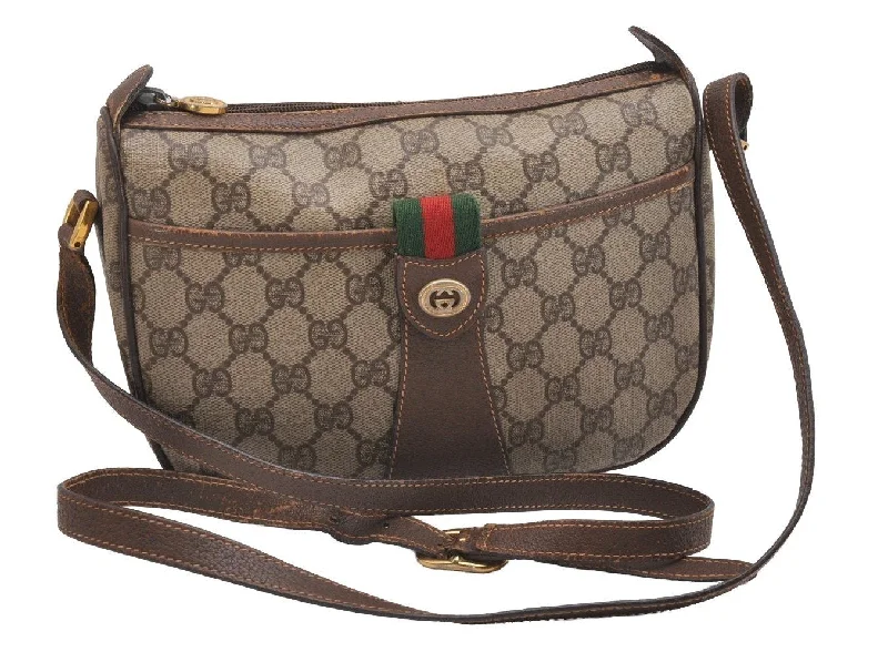 Women Gucci bags with a chain - link trim and a leather bodyAuthentic GUCCI Web Sherry Line Shoulder Cross Bag GG PVC Leather Brown 2031I