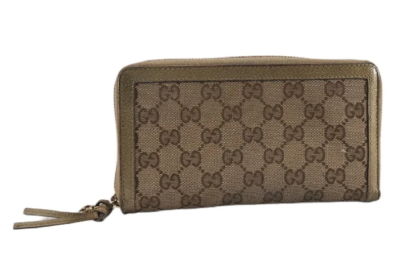 Medium - sized Women Gucci handbags for everyday useAuthentic GUCCI Round Zip Long Wallet Purse GG Canvas Leather 323397 Brown K4965