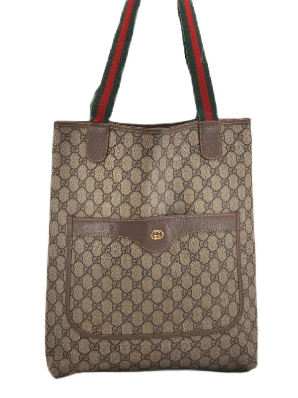 Gucci backpacks for women with a sleek silhouetteAuthentic GUCCI Web Sherry Line Shoulder Tote Bag GG PVC Leather Brown K5002