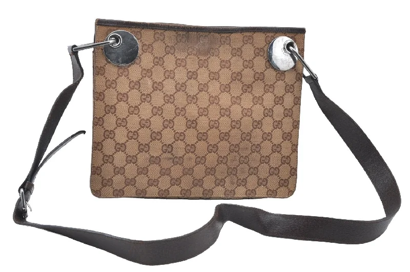 Women Gucci Sylvie bags with a monogram - embossed leatherAuthentic GUCCI Eclipse Shoulder Cross Bag GG Canvas Leather 120841 Brown K4313