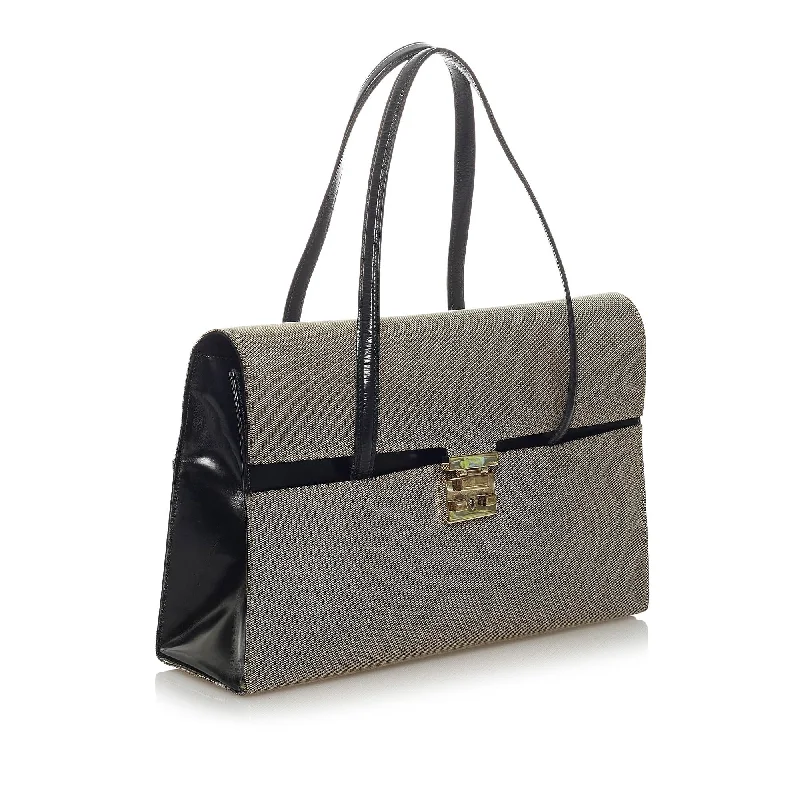 Women Gucci bags with a chain - link trim and a leather bodyGucci Lady Lock Canvas Tote Bag (28872)