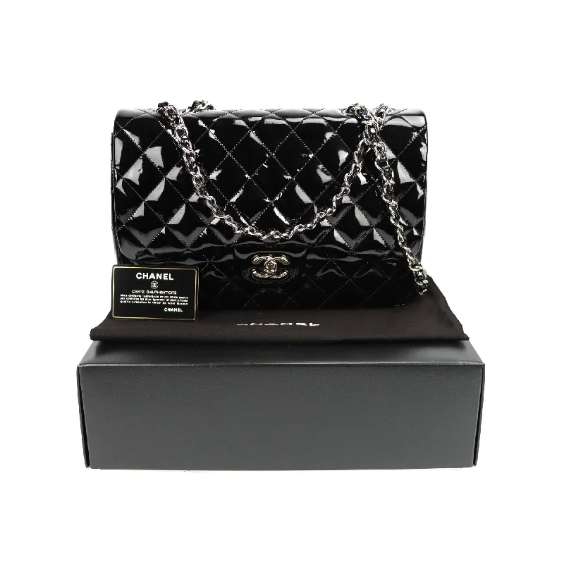 Chanel classicSALE Chanel Classic Single Flap Jumbo Black Patent Leather Silver