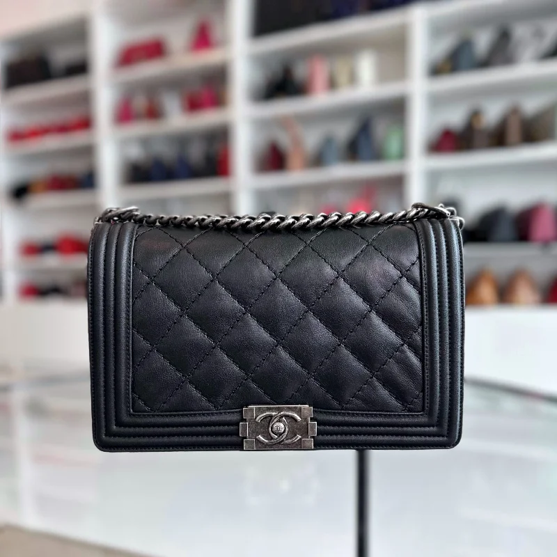 Chanel Quilted Leather Shoulder Bag for FashionistasBoy New Medium 28CM Lambskin Black RSHW No 18