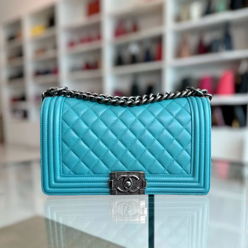 Chanel classicBoy Old Medium 25cm Lambskin Tiffany Baby Blue No 19