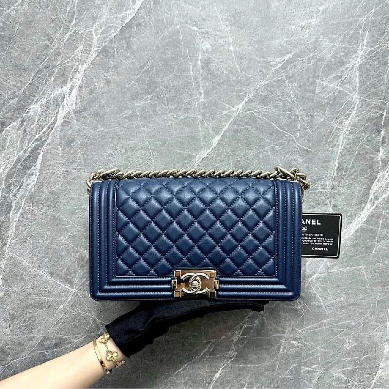 Chanel All - Match Handbag for Versatile StylingBoy Old Medium Lambskin Dark Blue LGHW No 27