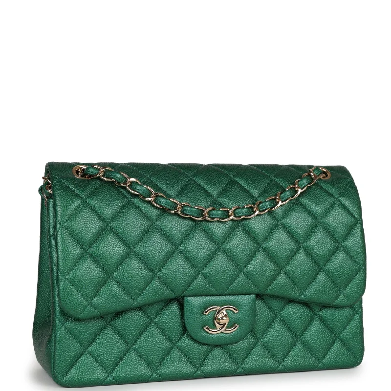 Chanel bags available at online luxury retaileChanel Jumbo Classic Double Flap Bag Emerald Green Caviar Light Gold Hardware