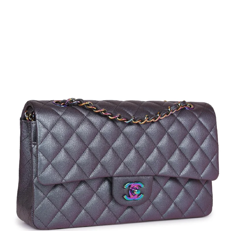 Chanel bags for women with minimalist styleChanel Medium Classic Double Flap Bag Iridescent Purple Mermaid Goatskin Rainbow Hardware