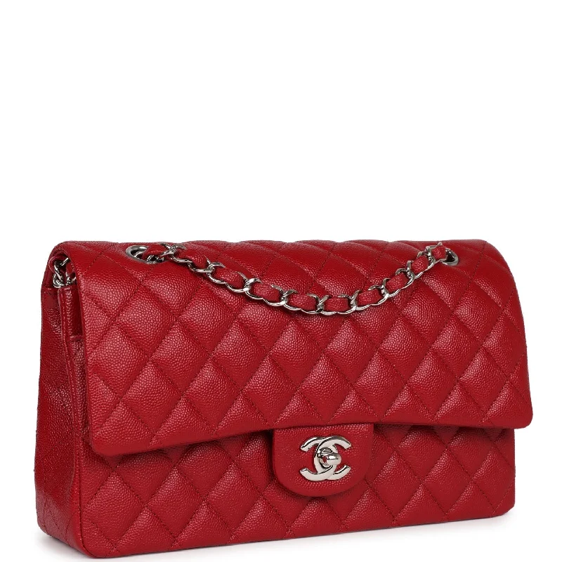 Chanel bags with leather and tweed combinationsChanel Medium Classic Double Flap Dark Red Caviar Silver Hardware