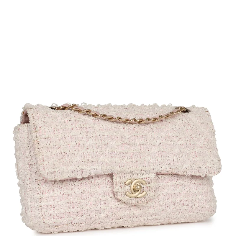 Chanel bags perfect for everyday elegChanel Medium Single Flap Bag Pink and White Tweed Brushed Gold Hardware