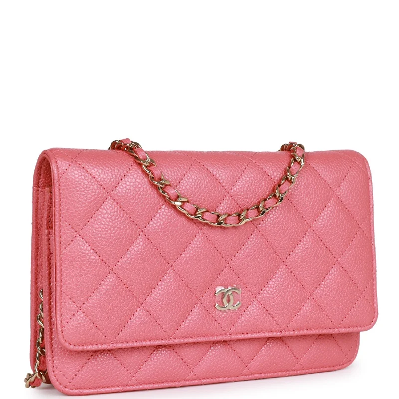 Chanel bags with iconic gold chainsChanel Wallet on Chain WOC Pink Caviar Light Gold Hardware