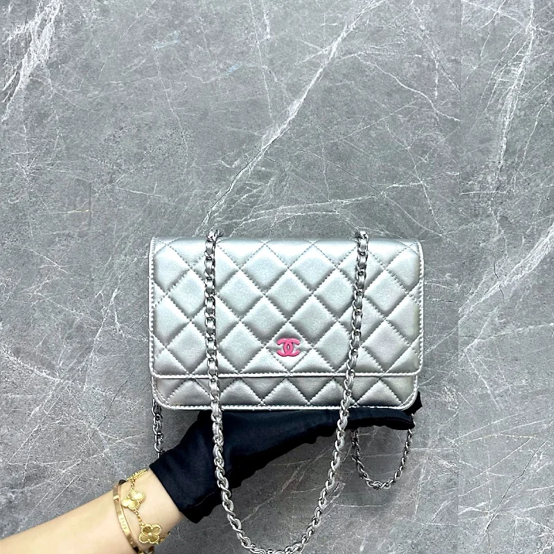 Chanel Chain Strap Handbag for Everyday UseWOC Wallet On Chain Metallic Silver Lambskin No 16