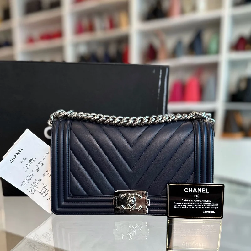 Chanel Handbag with Adjustable Strap for Comfort*Full Set Receipt* Boy Lambskin Old Medium 25CM Chevron Dark Blue SHW No 22