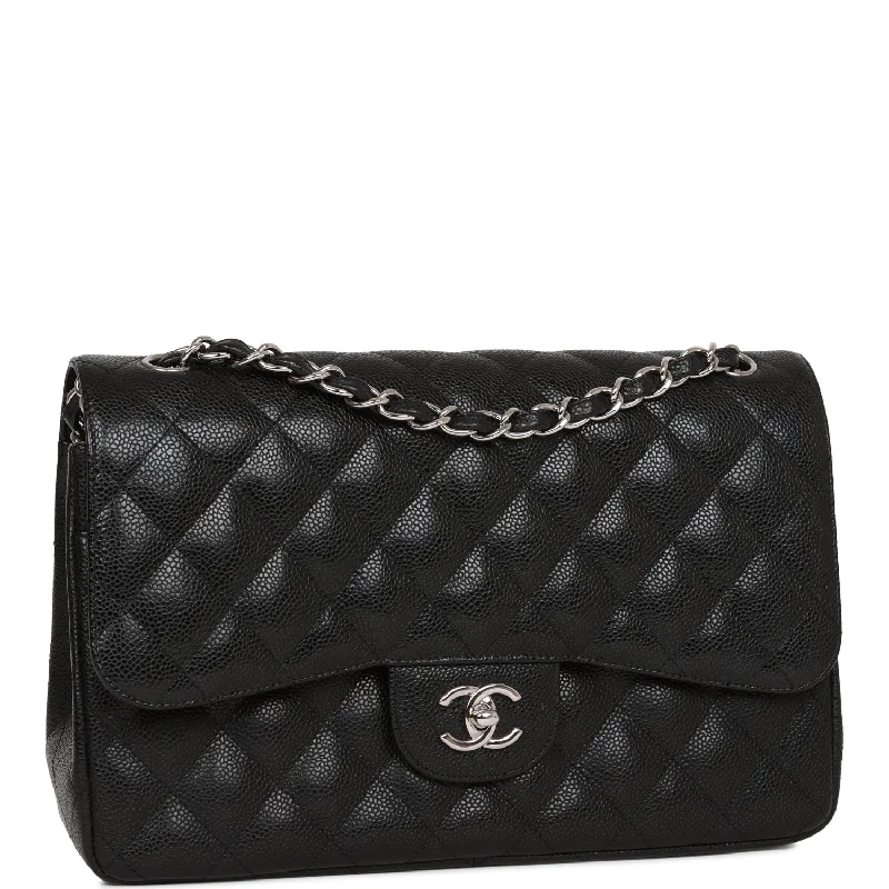 Chanel bags with intricate metal hardwareChanel Jumbo Classic Double Flap Bag Black Caviar Silver Hardware