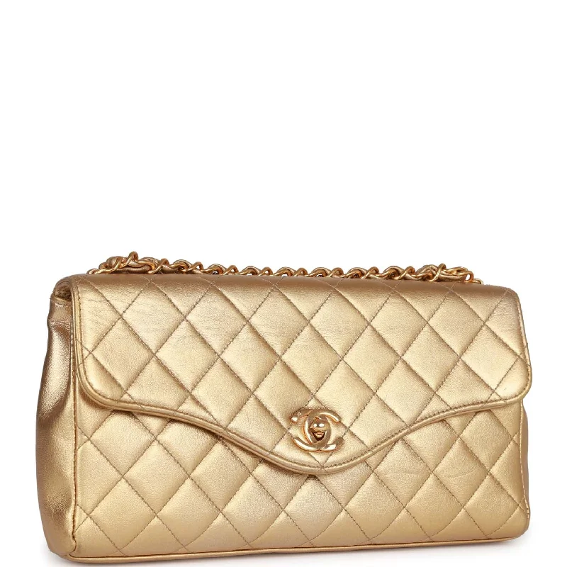 Chanel Luxury Handbag for High - End EventsVintage Chanel Clutch Flap Bag with Handle Gold Metallic Lambskin Gold Hardware