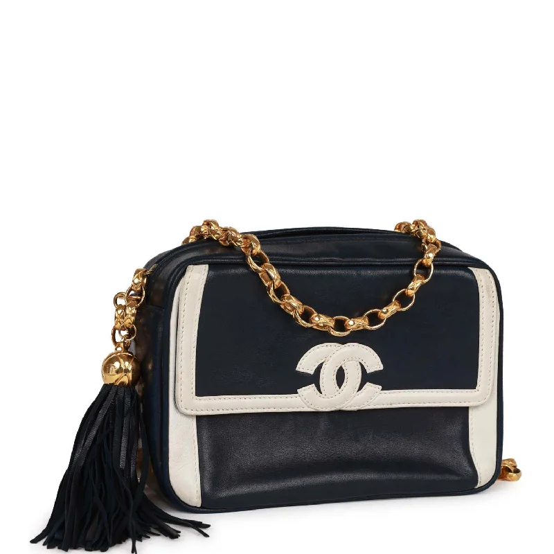 Chanel bags for women with minimalist styleVintage Chanel Fringe Chain Camera Bag Navy and White Lambskin Gold Hardware