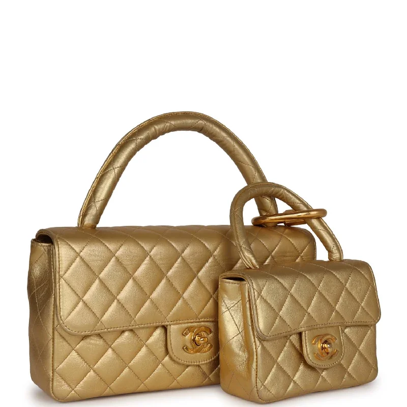 Chanel All - Match Handbag for Versatile StylingVintage Chanel Kelly Parent and Child Flap Bag Set Gold Metallic Lambskin Gold Hardware