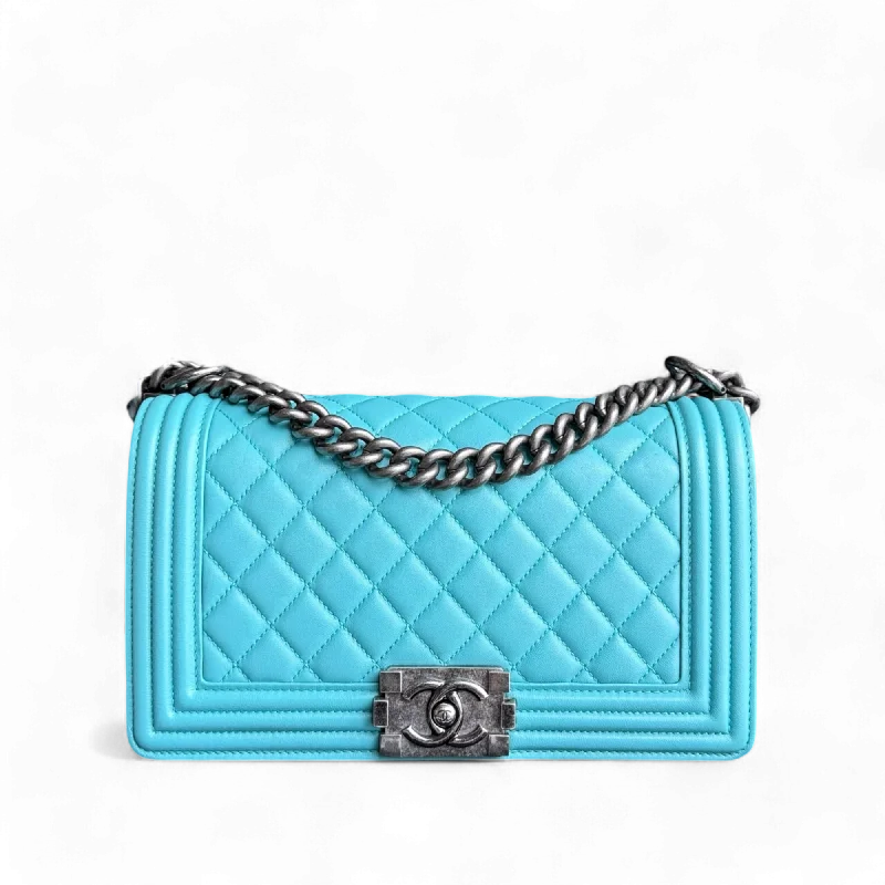 Chanel bags for the minimalist fashionChanel Boy Medium - 25CM Quilted Lambskin Cyan Blue Ruthenium Silver Hardware Series 19