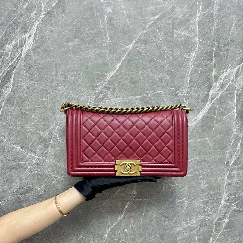 Chanel Handbag with Adjustable Strap for ComfortBoy Medium Lambskin Burgundy Gold No 19