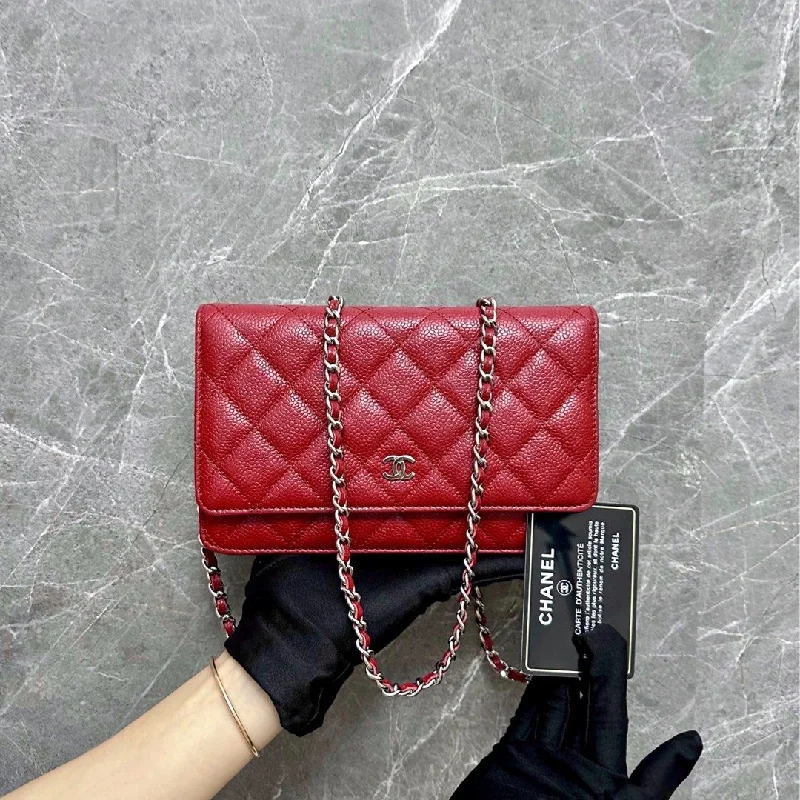 Chanel bags with gold, silver, and pearl accentsCaviar WOC Wallet On Chain Red SHW No. 19