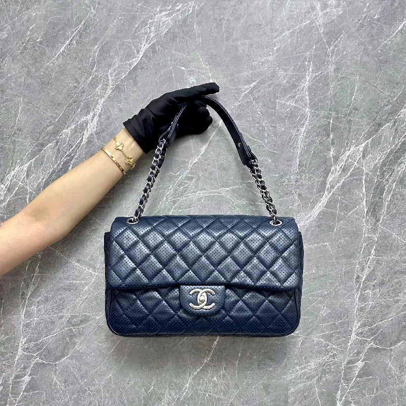 Chanel bags with iconic stitching detailsSeasonal Flap Perforated Calfskin Punch Navy Blue Shoulder Bag No 19